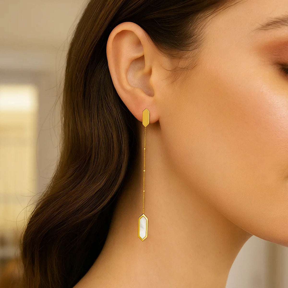 14K Yellow Gold Hexagon Mother of Pearl Drop Earrings, view 2