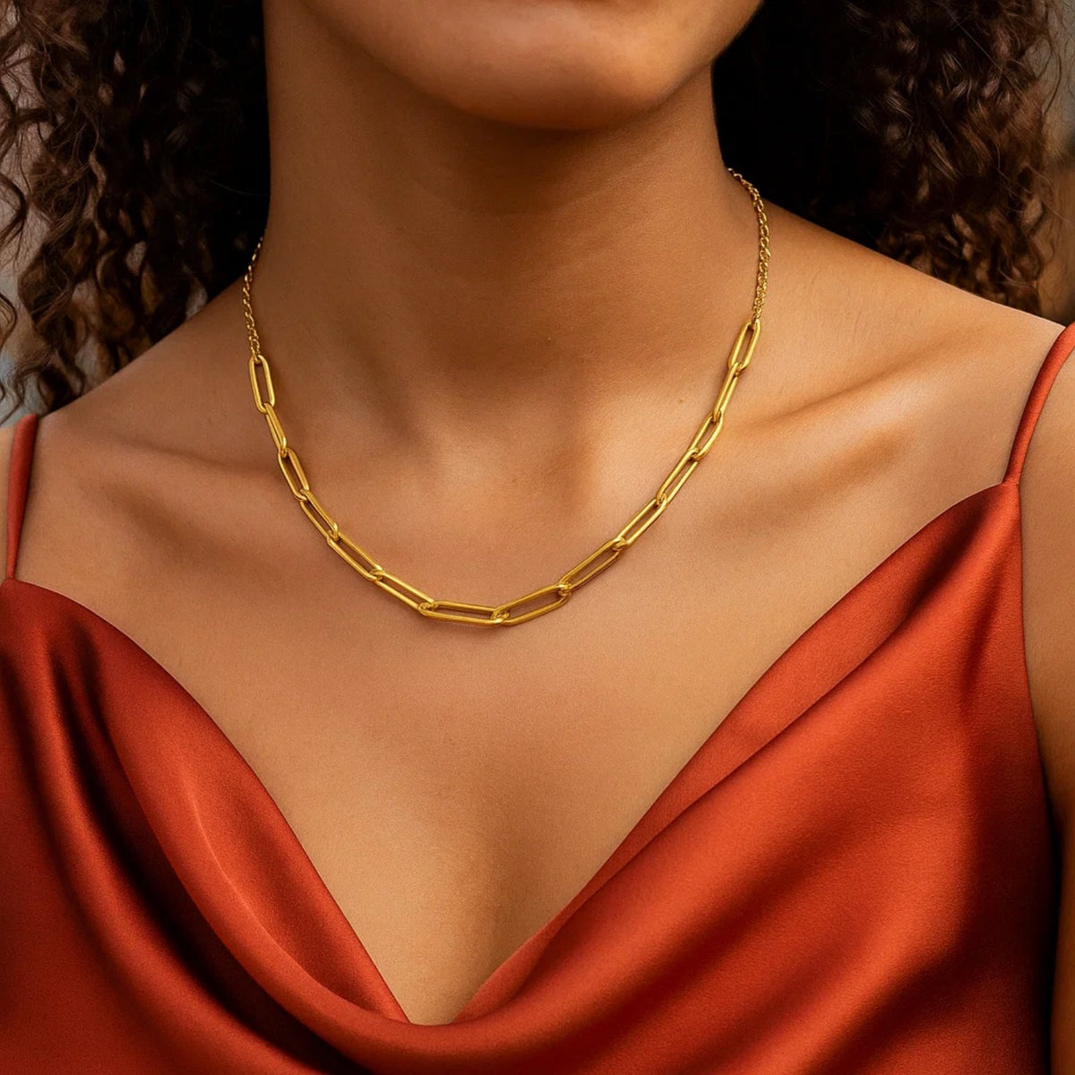 14K Yellow Gold Adjustable Paperclip Link Necklace, view 4
