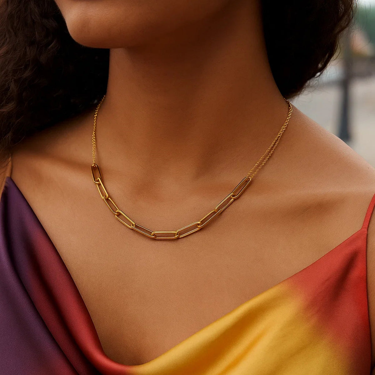 14K Yellow Gold Adjustable Paperclip Link Necklace, view 5