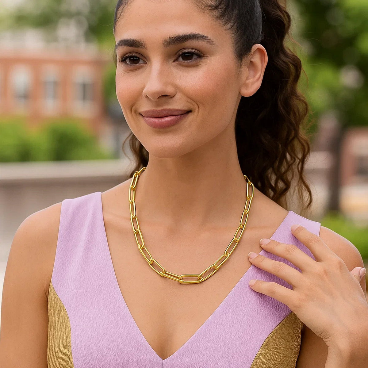 14K Yellow Gold Rounded Paperclip Chain Necklace, view 7