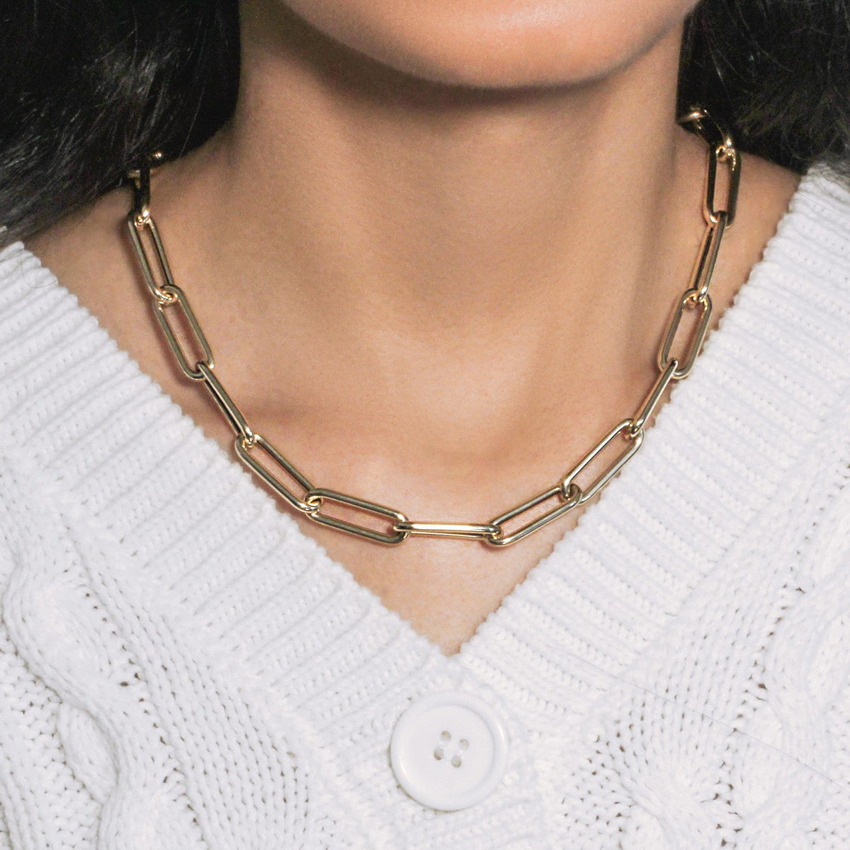 14K Yellow Gold Rounded Paperclip Chain Necklace, view 9