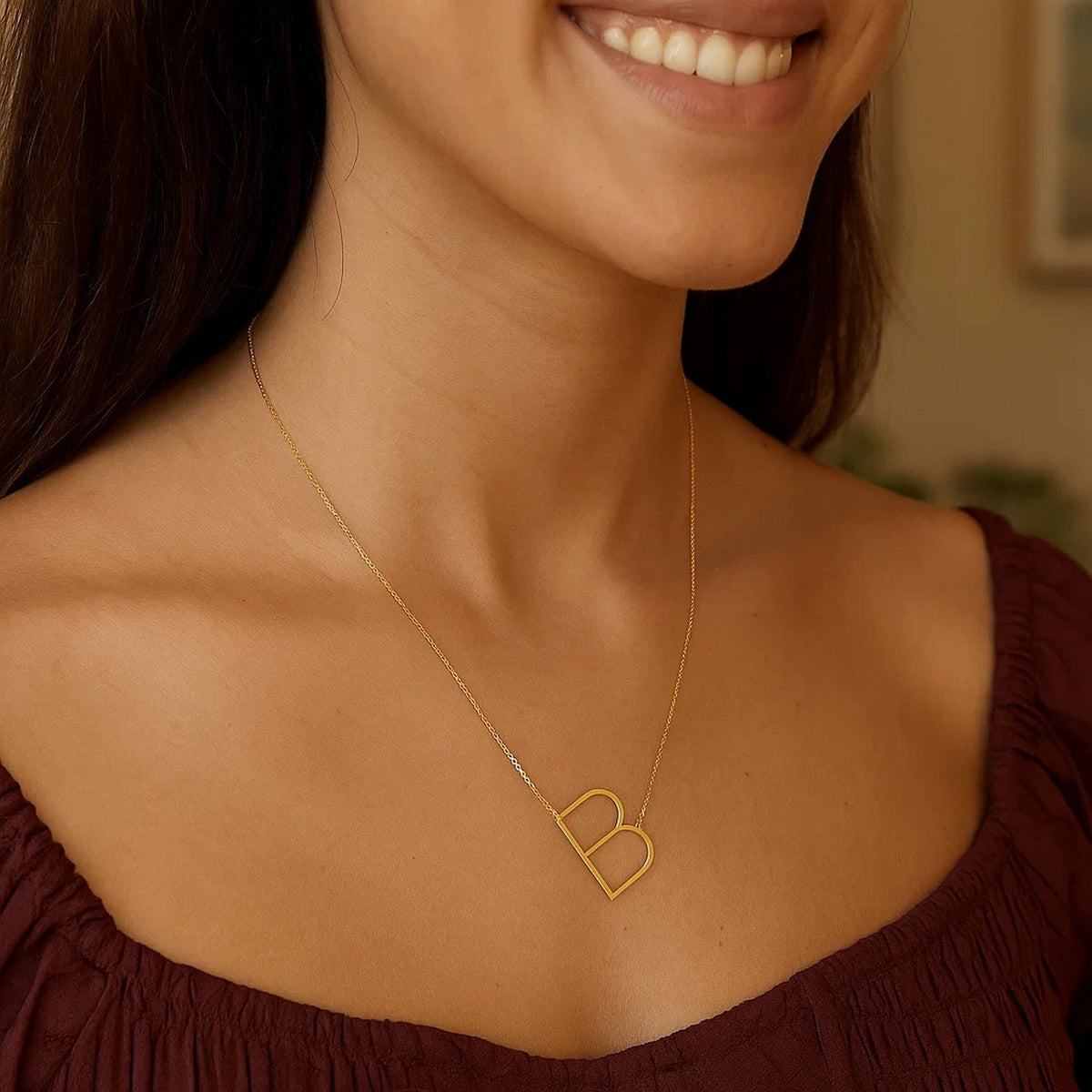 14K Yellow Gold Yours Truly Large Initial B Necklace, view 3