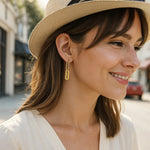 14K Yellow Gold Huggie Style Hoop Earrings with Paperclip Link Drops, view 2