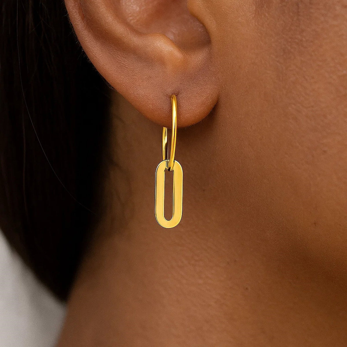 14K Yellow Gold Huggie Style Hoop Earrings with Paperclip Link Drops, view 4
