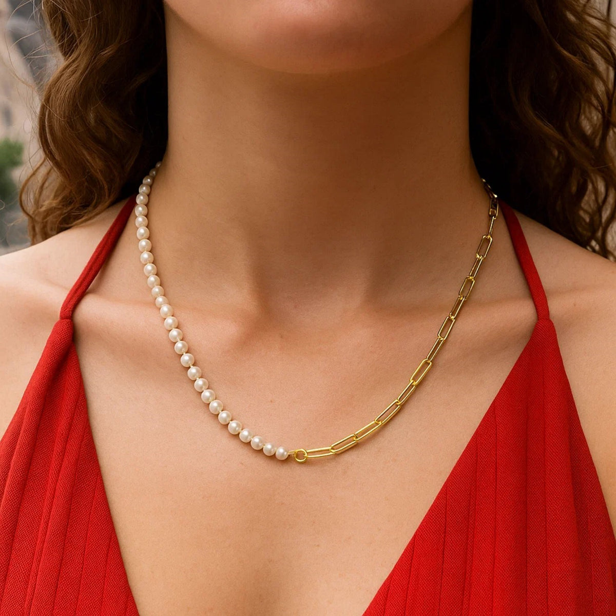 5mm Pearl and Lite Paperclip Necklace in 14K Yellow Gold, view 5