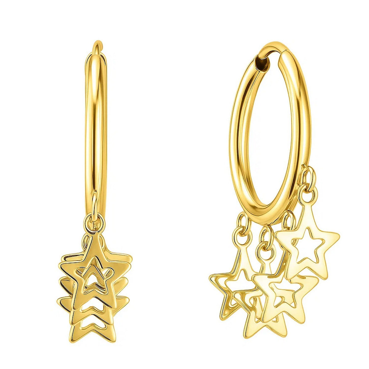 14K Yellow Gold Endless Star Charm Huggie Hoop Earrings, view 2