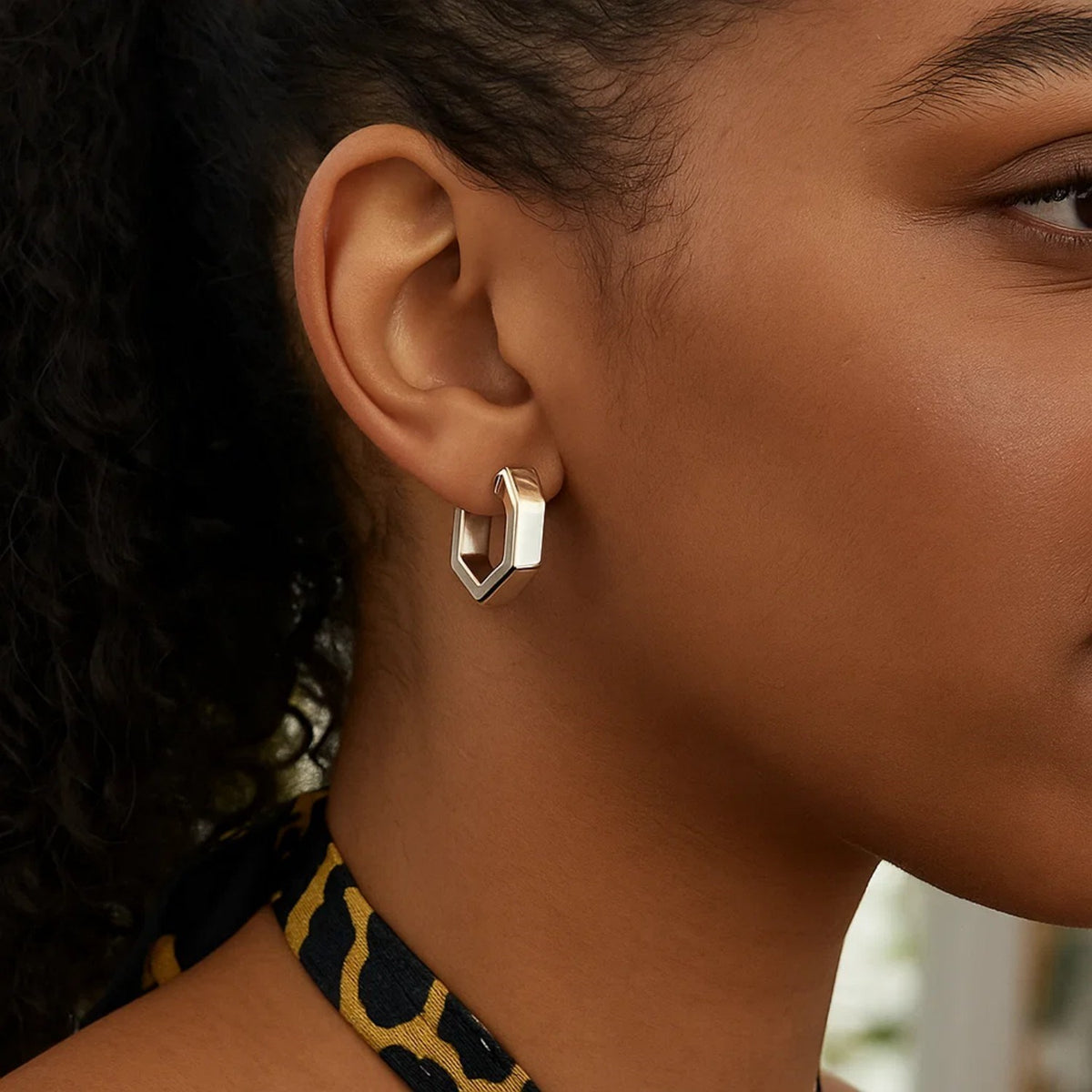 Sterling Silver Hexagon Hoop Earrings, view 2