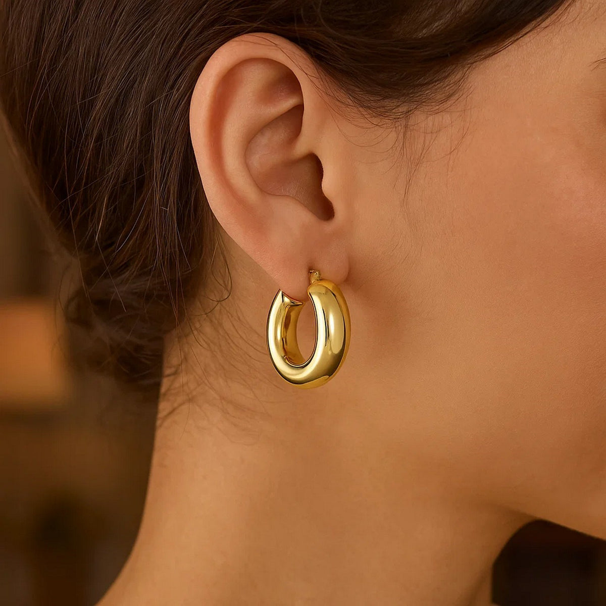 14K Yellow Gold Medium Puffy Hoops, view 3