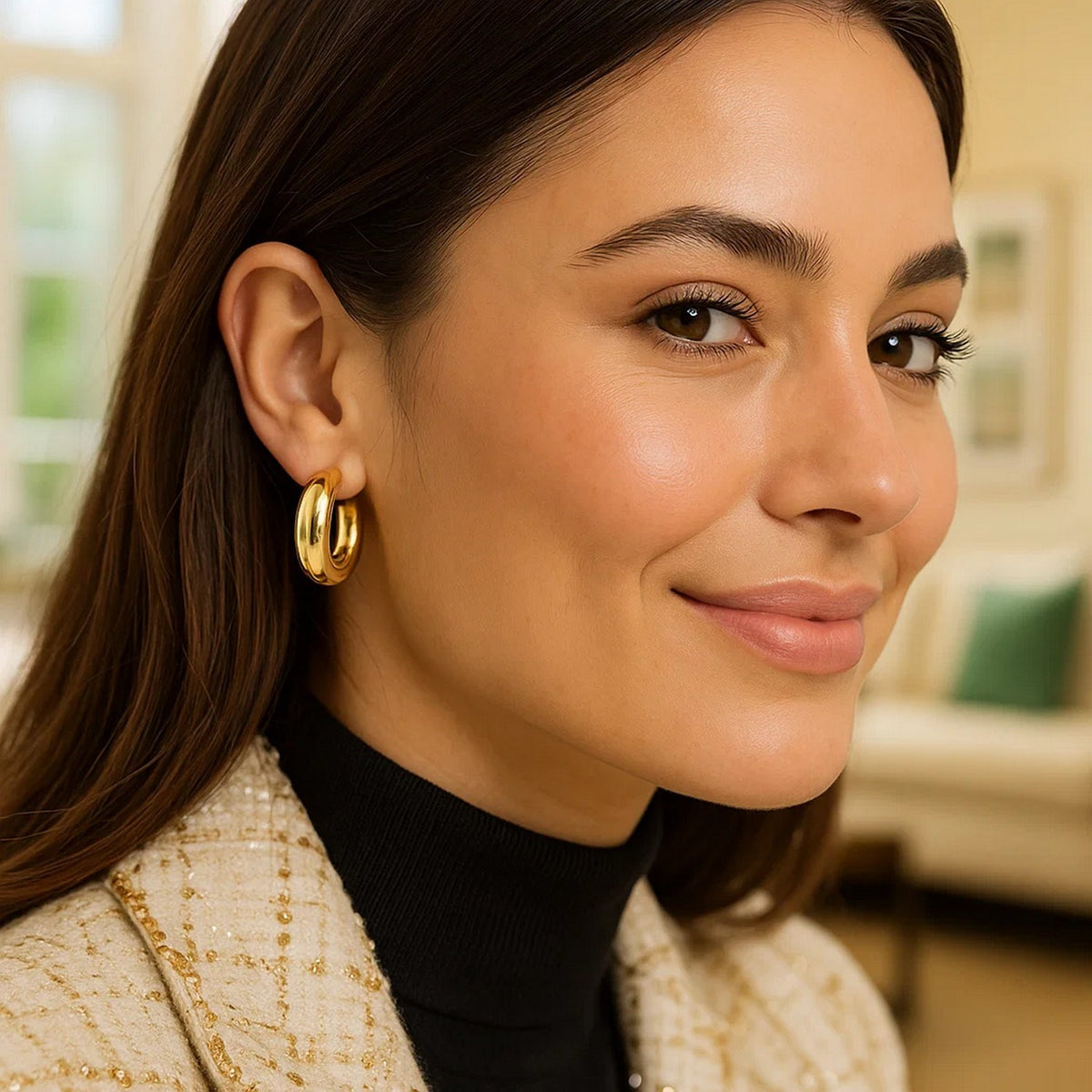 14K Yellow Gold Medium Puffy Hoops, view 4