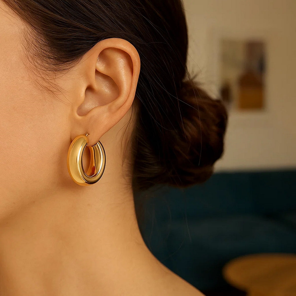 14K Yellow Gold Medium Puffy Hoops, view 5