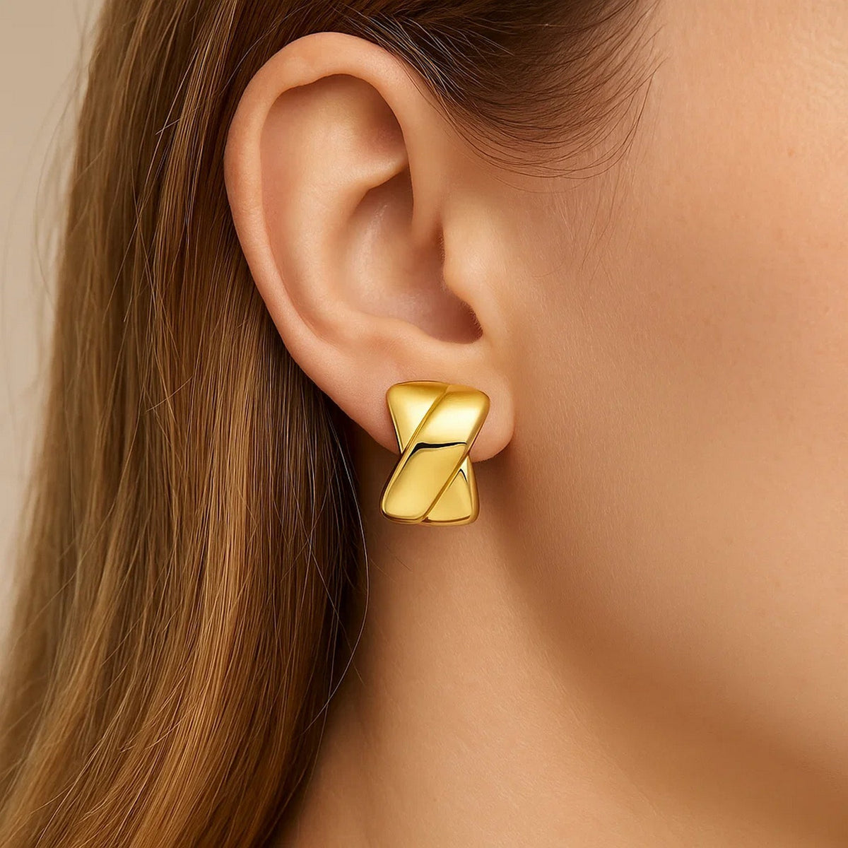 14K Yellow Gold Puffed X C Hoops Earrings, view 2
