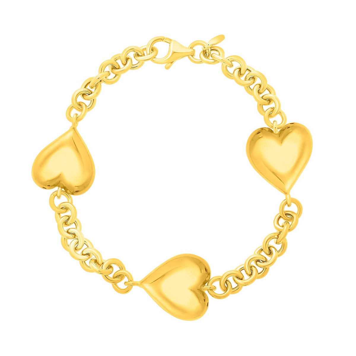Sterling Silver Yellow Gold Plated Extra Puffed Triple Heart Bracelet, view 2