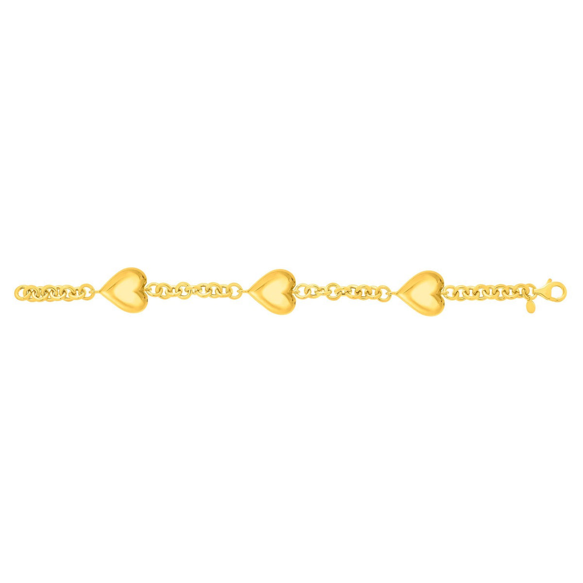 Sterling Silver Yellow Gold Plated Extra Puffed Triple Heart Bracelet, view 3
