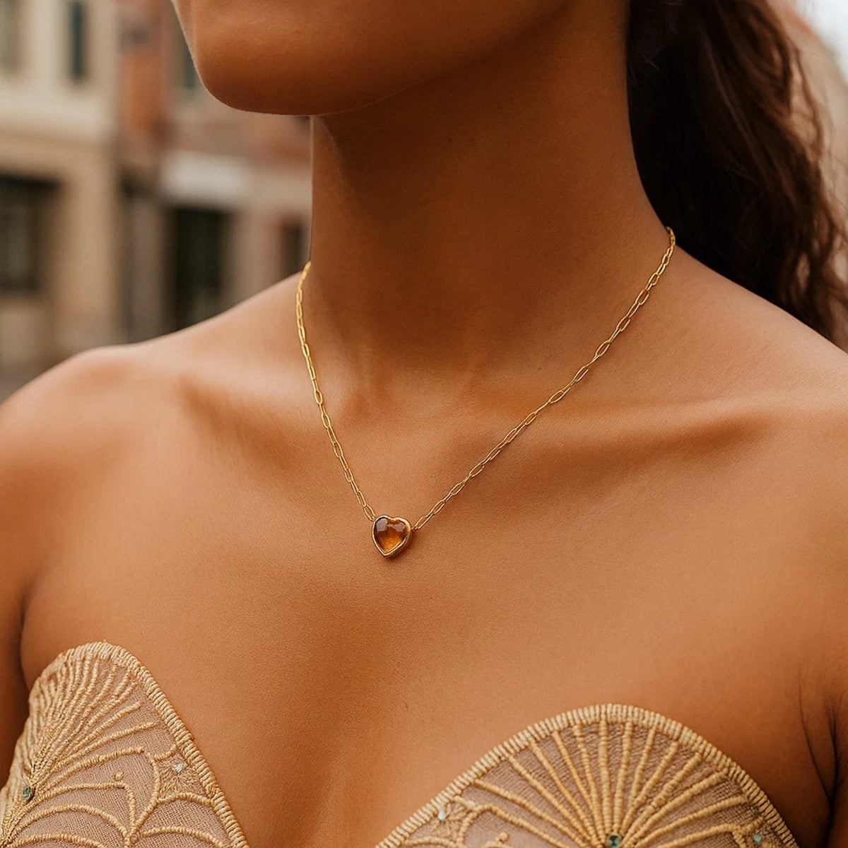 14K Yellow Gold Citrine Heart Necklace (1.50 mm), view 3