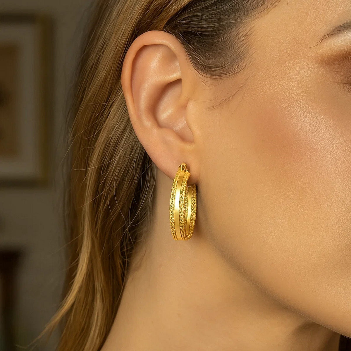 14K Yellow Gold Sparkle Spring Hoop Earrings, view 2