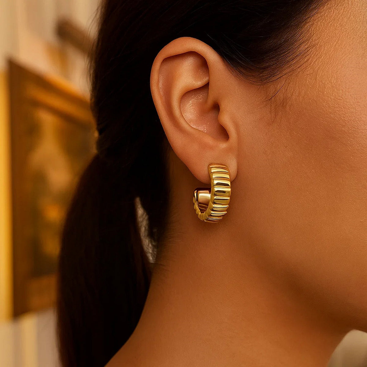 14K Yellow Gold Ribbed C Hoop Earrings, view 3