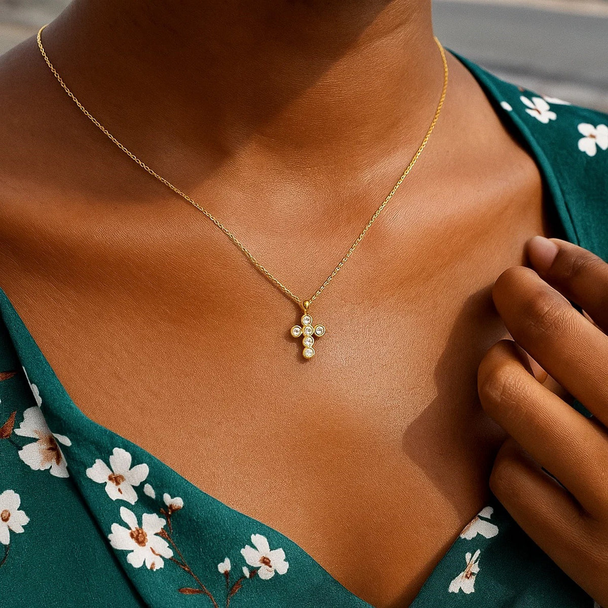 14K Yellow Gold Petite Diamond Cross Necklace, view 6