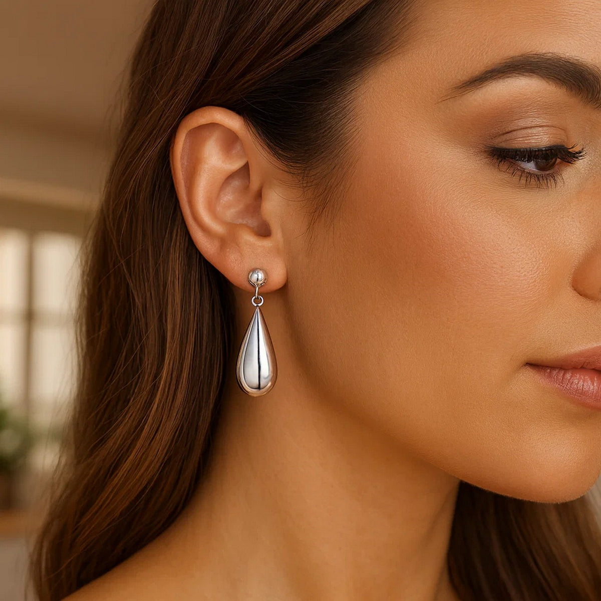 Sterling Silver Rhodium Plated Puffed Teardrop Dangle Earrings, view 5