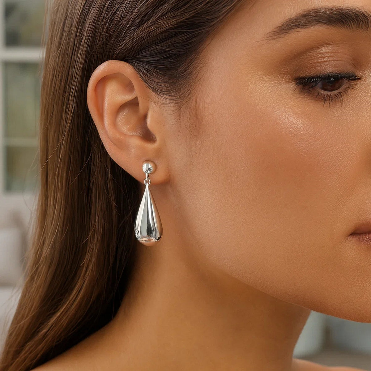 Sterling Silver Rhodium Plated Puffed Teardrop Dangle Earrings, view 6