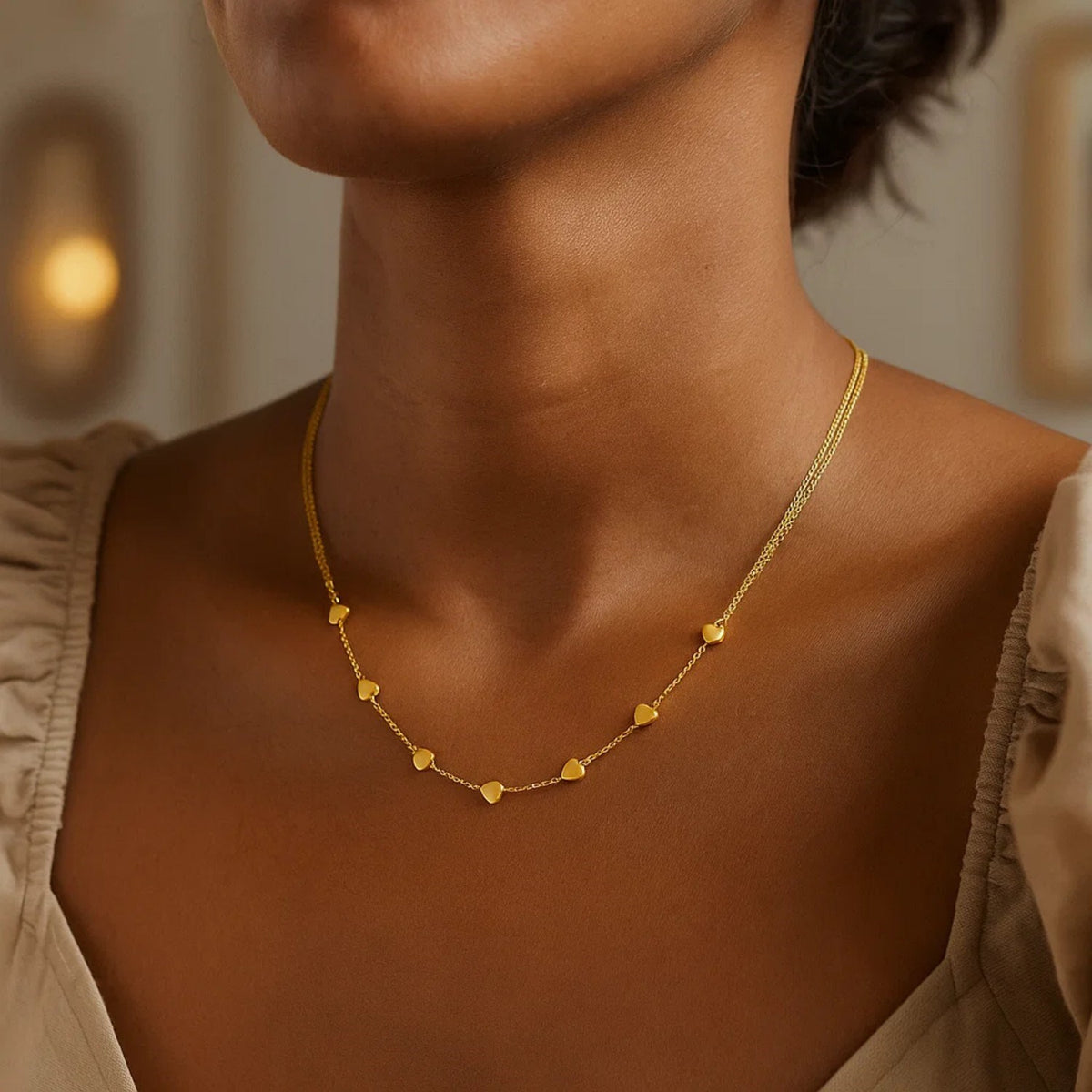 14K Yellow Gold Adjustable Heart Link Necklace, view 4