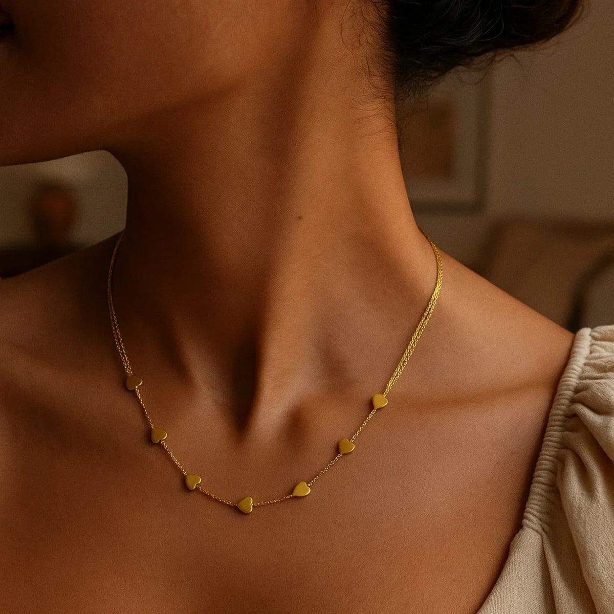 14K Yellow Gold Adjustable Heart Link Necklace, view 5
