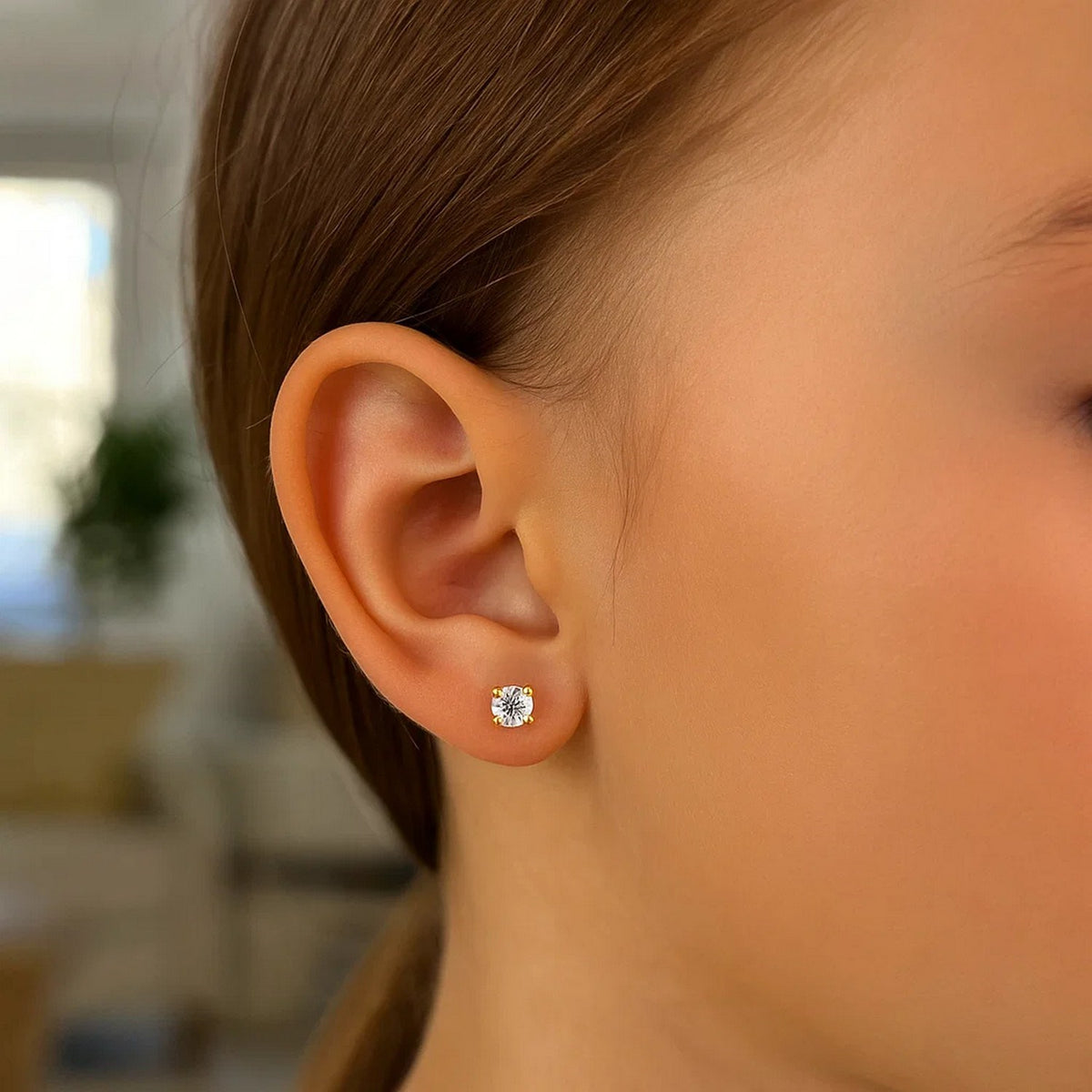 14K Yellow Gold Stud Earrings with Faceted White Cubic Zirconia (2.00 mm), view 2
