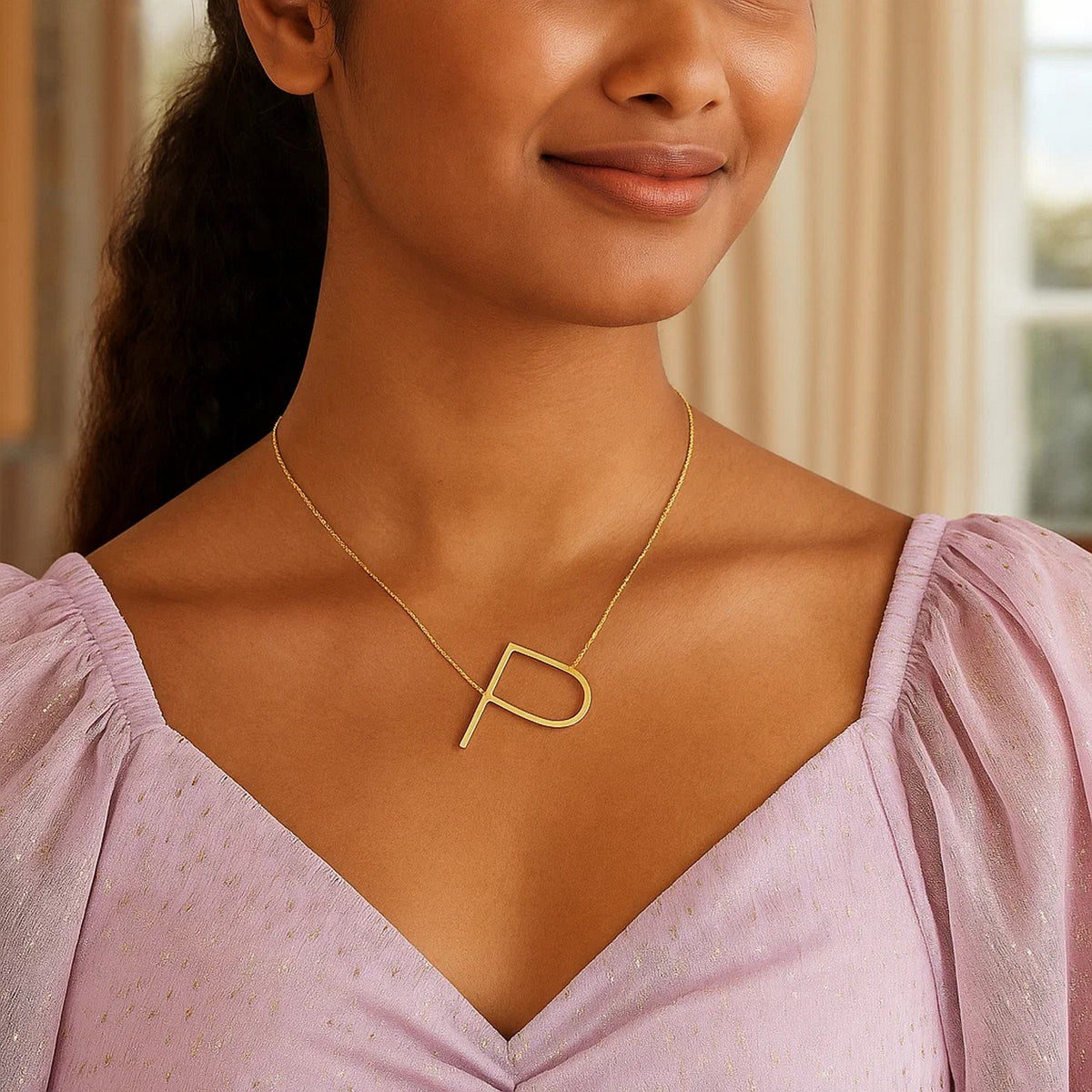 14K Yellow Gold Yours Truly Large Initial P Necklace, view 3