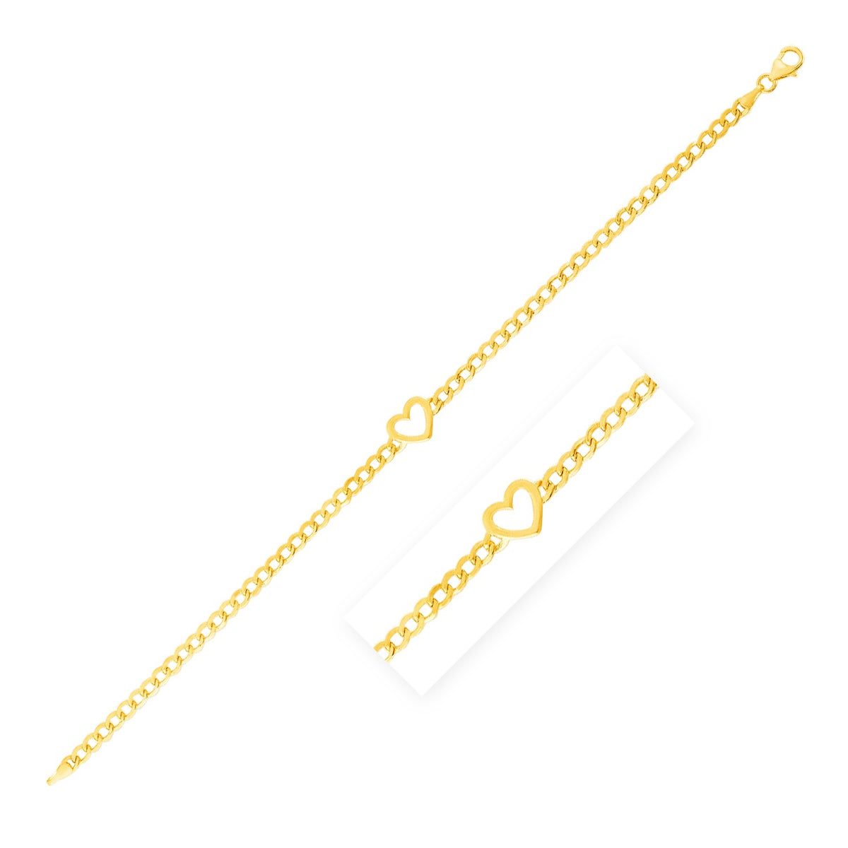 14K Yellow Gold 7 inch Curb Chain Bracelet with Heart (3.40 mm)