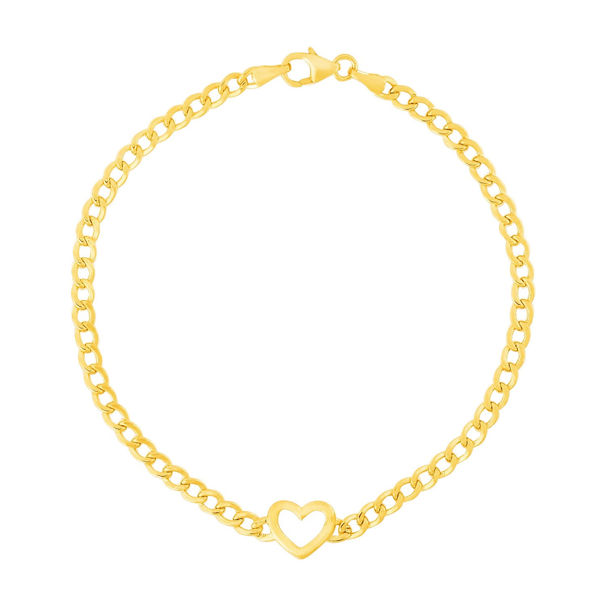 14K Yellow Gold 7 inch Curb Chain Bracelet with Heart (3.40 mm), view 2