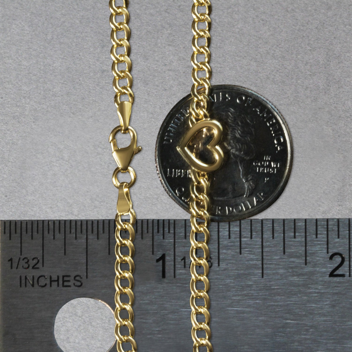14K Yellow Gold 7 inch Curb Chain Bracelet with Heart (3.40 mm), view 7