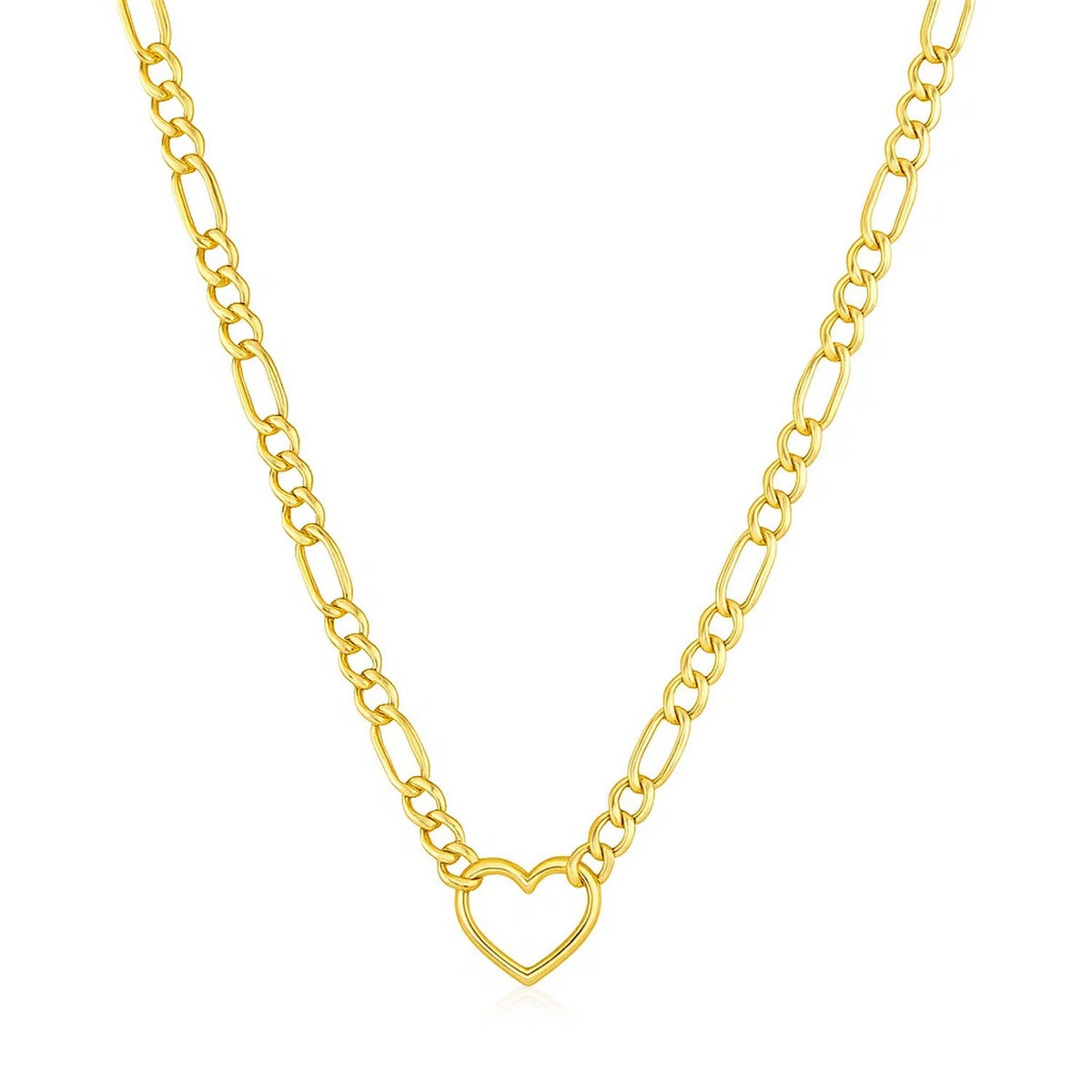 14K Yellow Gold Figaro Chain Necklace with Heart, view 2
