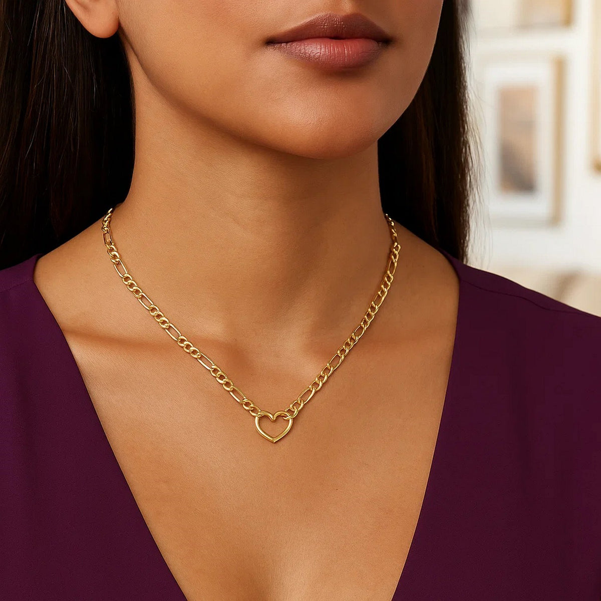 14K Yellow Gold Figaro Chain Necklace with Heart, view 3
