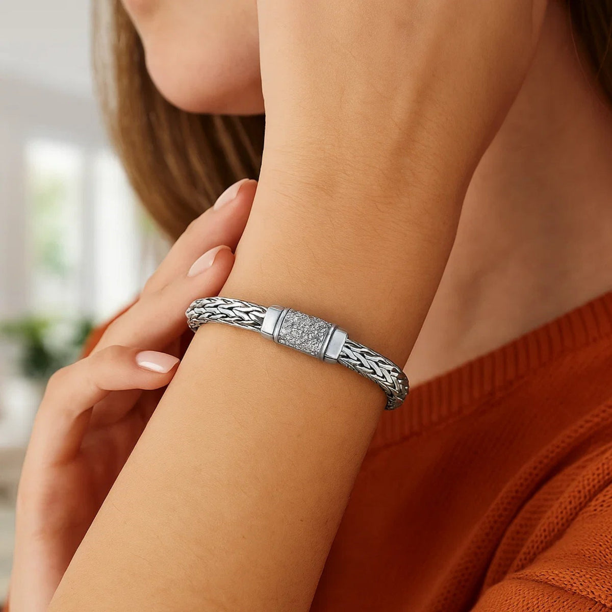 Sterling Silver Weave Motif Bracelet with White Sapphire Accents (6.35 mm), view 2