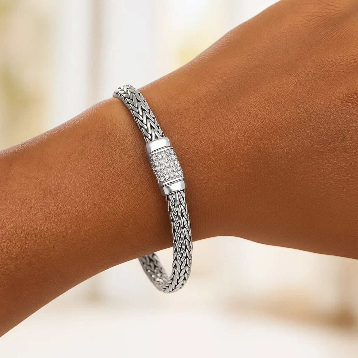 Sterling Silver Weave Motif Bracelet with White Sapphire Accents (6.35 mm), view 3
