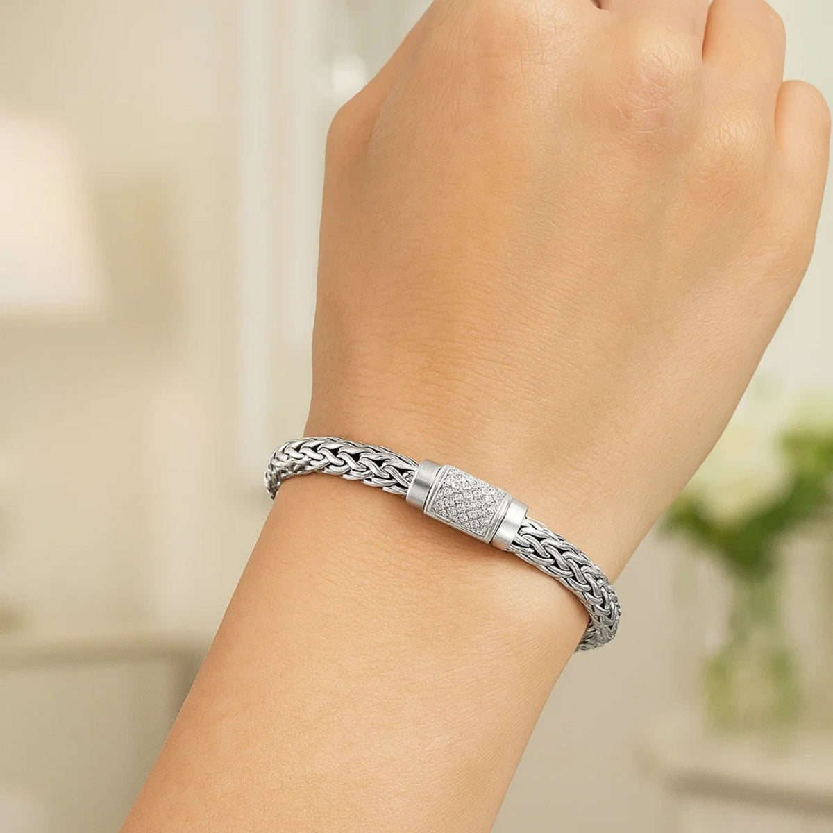 Sterling Silver Weave Motif Bracelet with White Sapphire Accents (6.35 mm), view 4