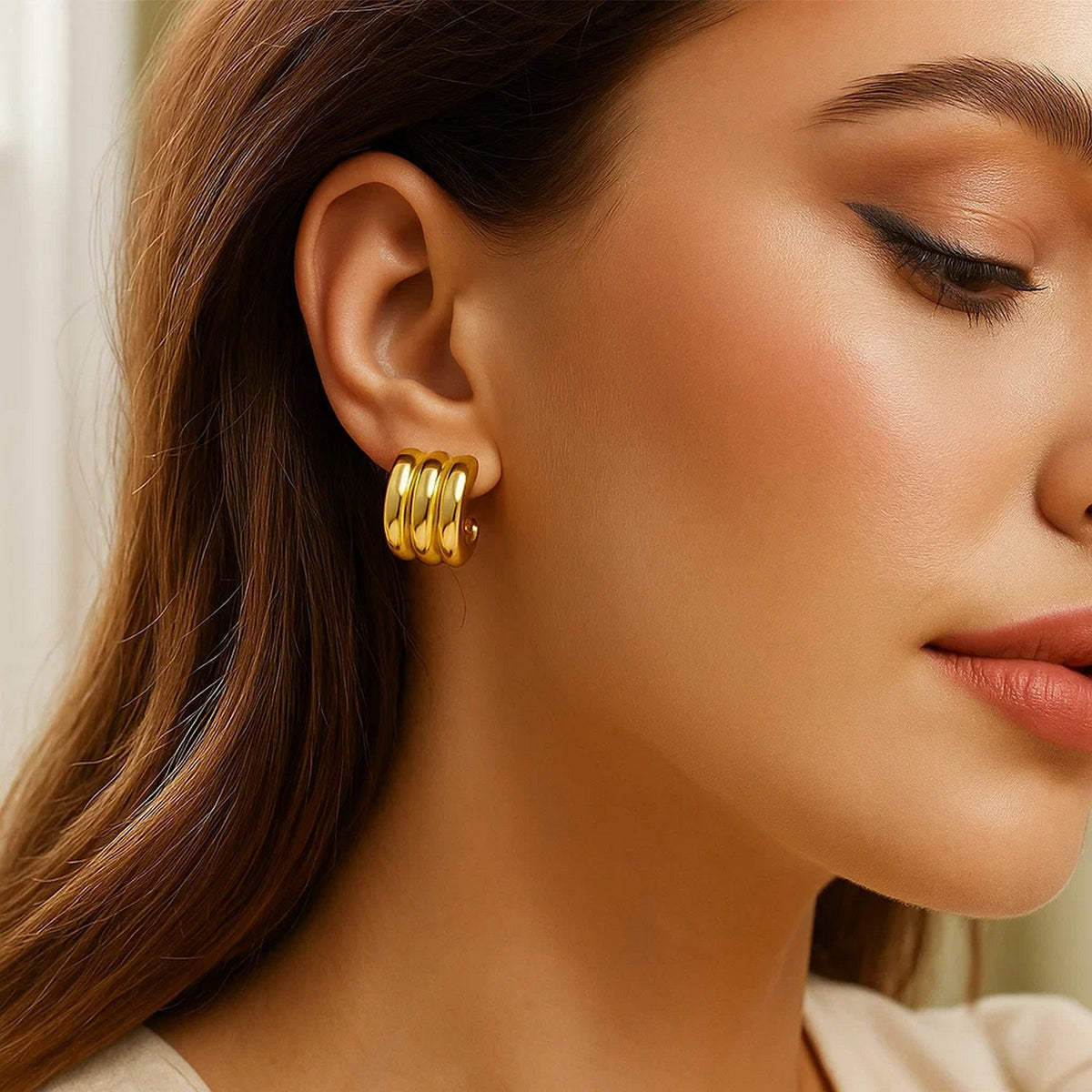 Sterling Silver Yellow Gold Plated Triple Row C Hoop Earrings, view 3