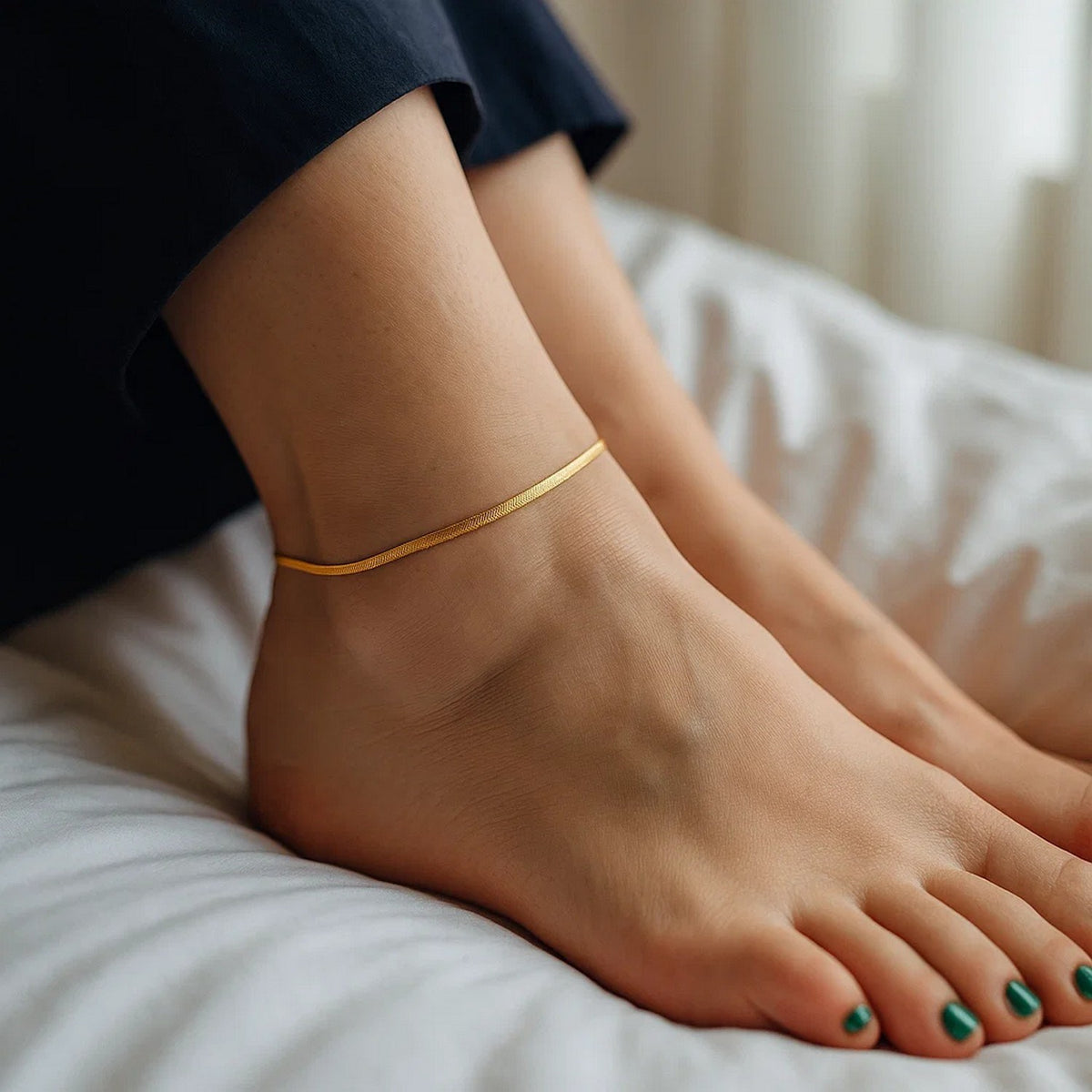 1.5mm 14K Yellow Gold Super Flex Herringbone Anklet, view 6