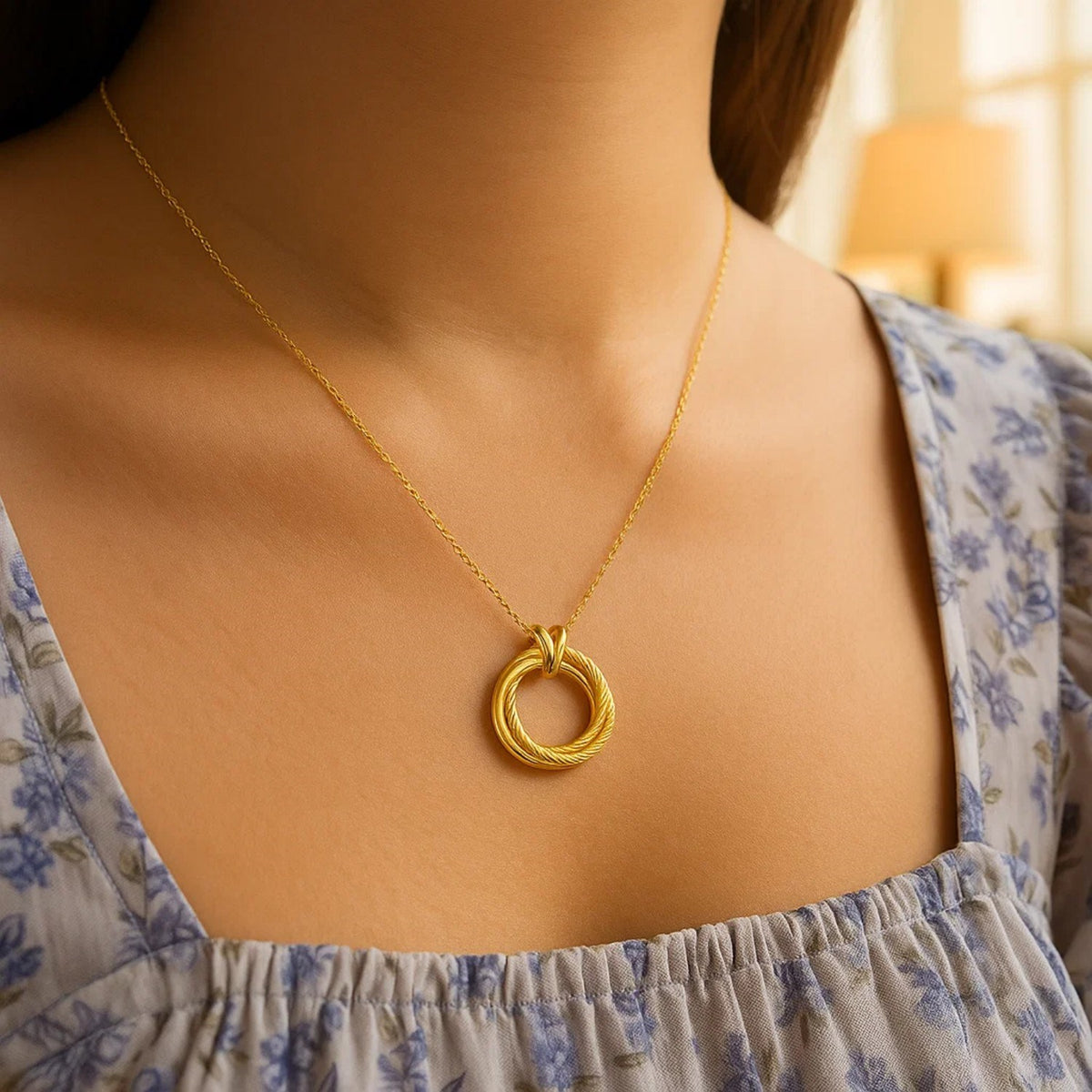 14K Yellow Gold Interlocking Diamond Cut Trinity Necklace, view 2