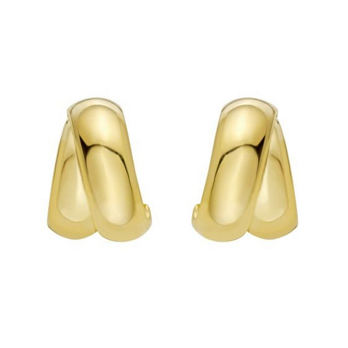 Sterling Silver Yellow Gold Plated Puffed Double Row Crossover C Hoop Earrings, view 2