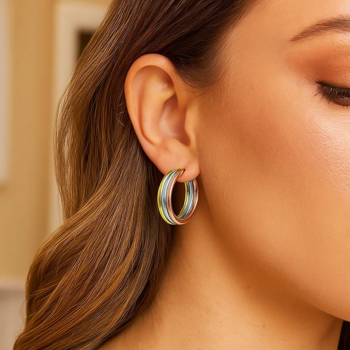 14K Tri Color Gold Polished Trinity Tube Hoop Earrings, view 2