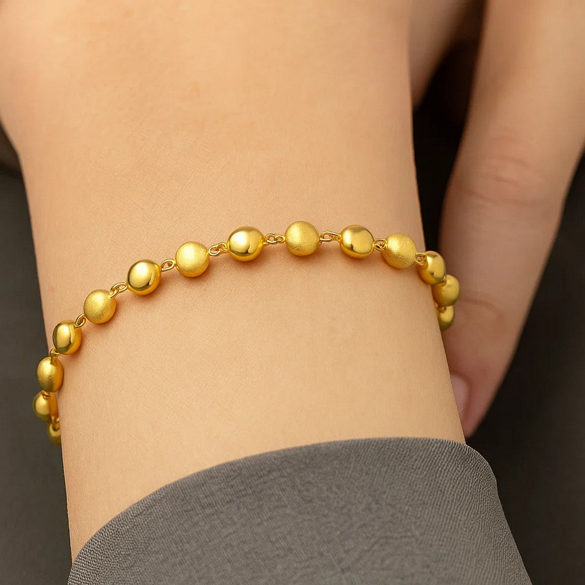 14K Yellow Gold Polished and Satin Pebble Bracelet (6.00 mm), view 4