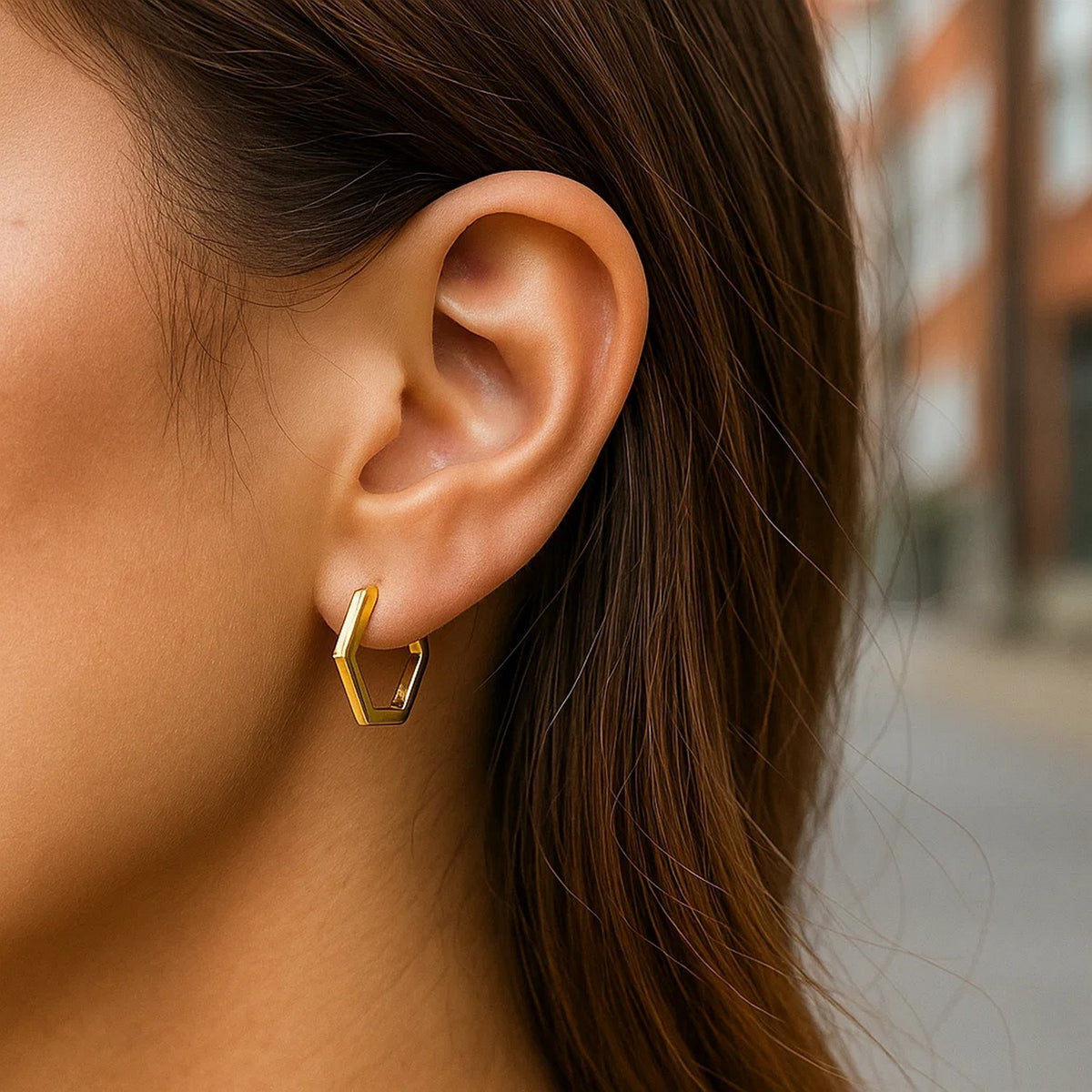 14K Yellow Gold Hexagon Huggie Hoops Earrings, view 2