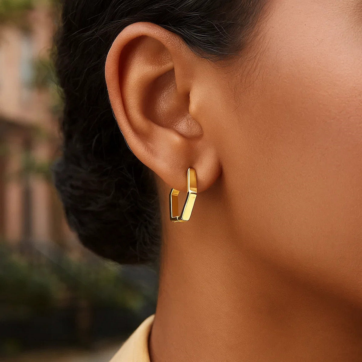 14K Yellow Gold Hexagon Huggie Hoops Earrings, view 3