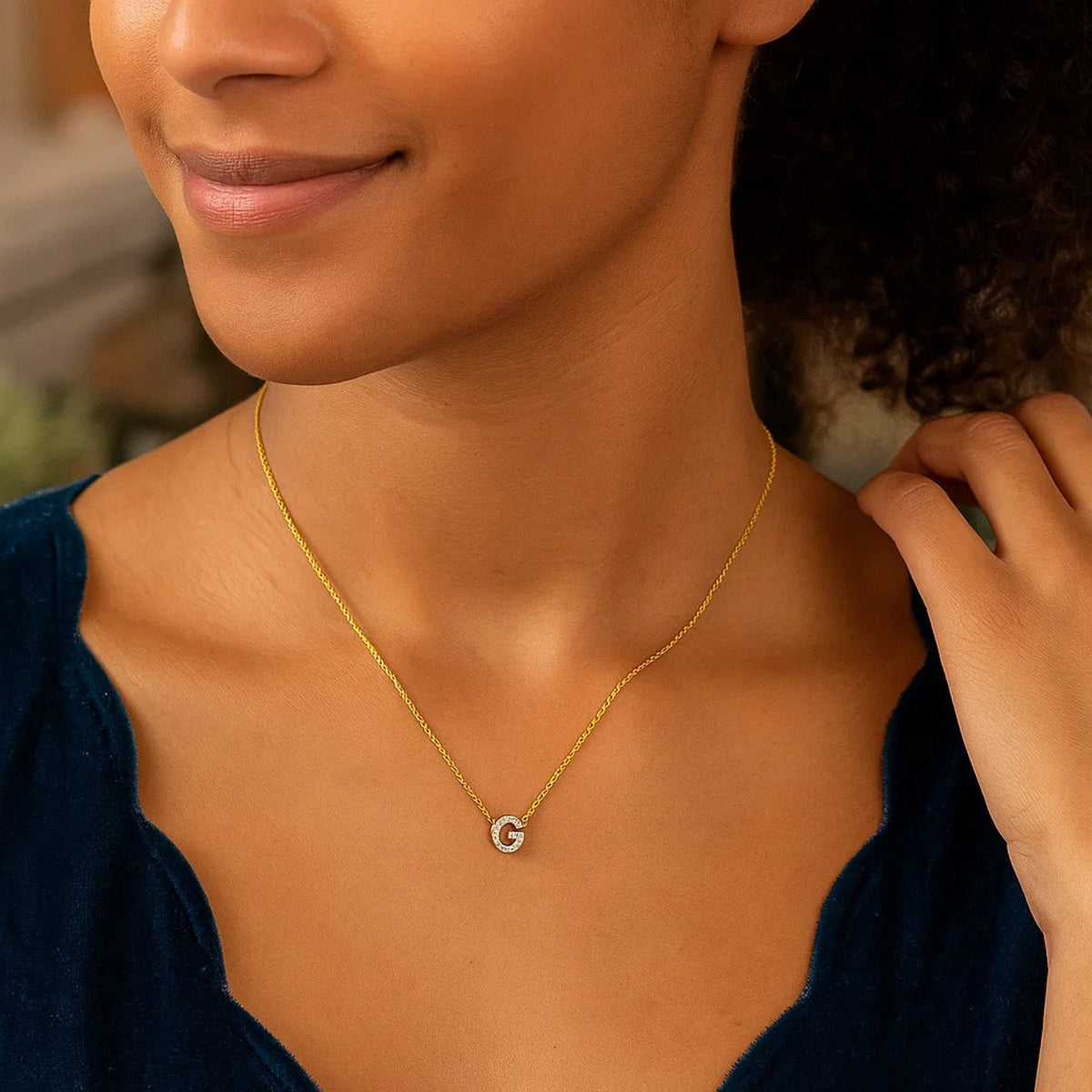 14K Yellow Gold Mini Diamond G Initial Pendant Necklace, view 4