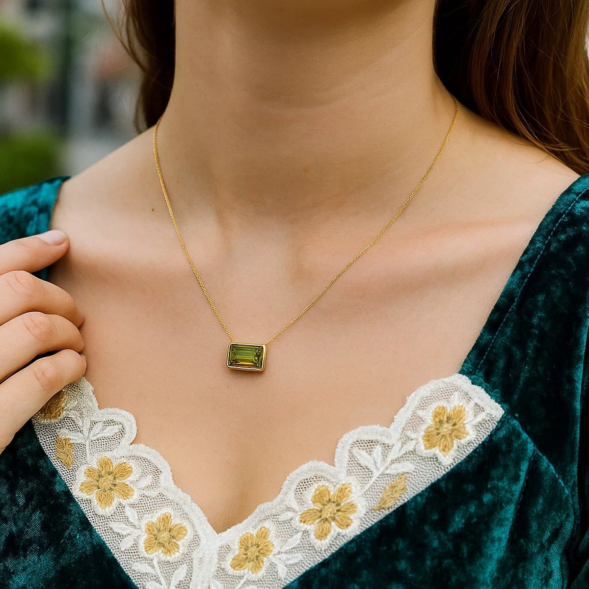 14K Yellow Gold Emerald Cut Peridot Necklace, view 5