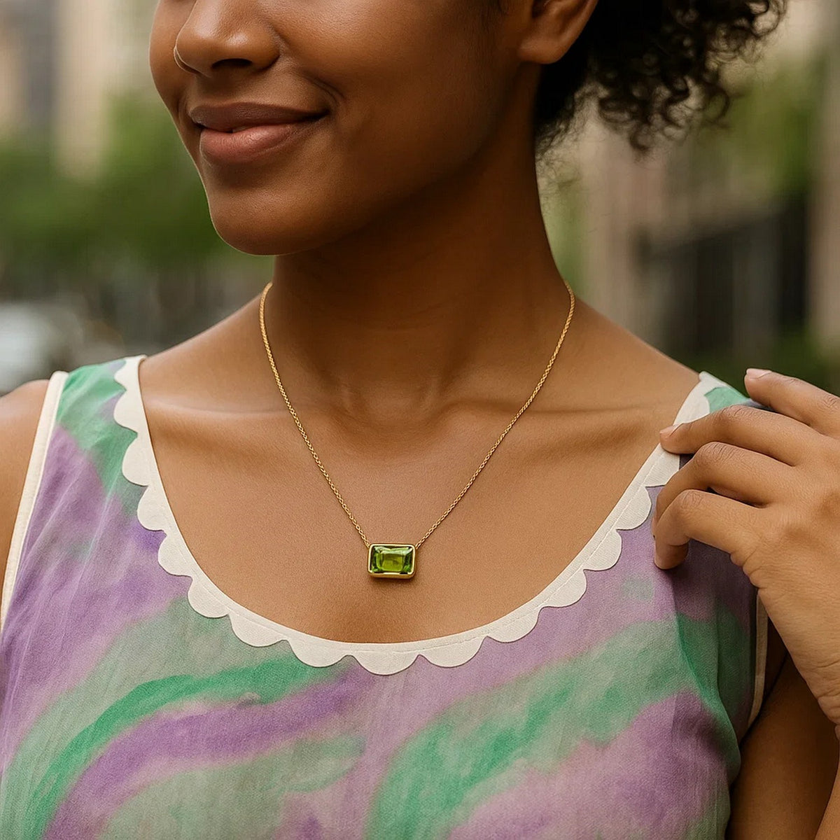 14K Yellow Gold Emerald Cut Peridot Necklace, view 7
