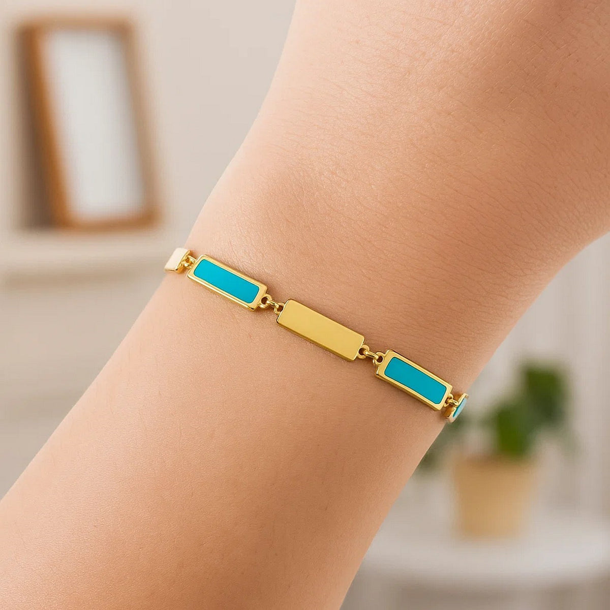 14K Yellow Gold Turquoise Rectangle Links Bracelet (3.50 mm), view 3