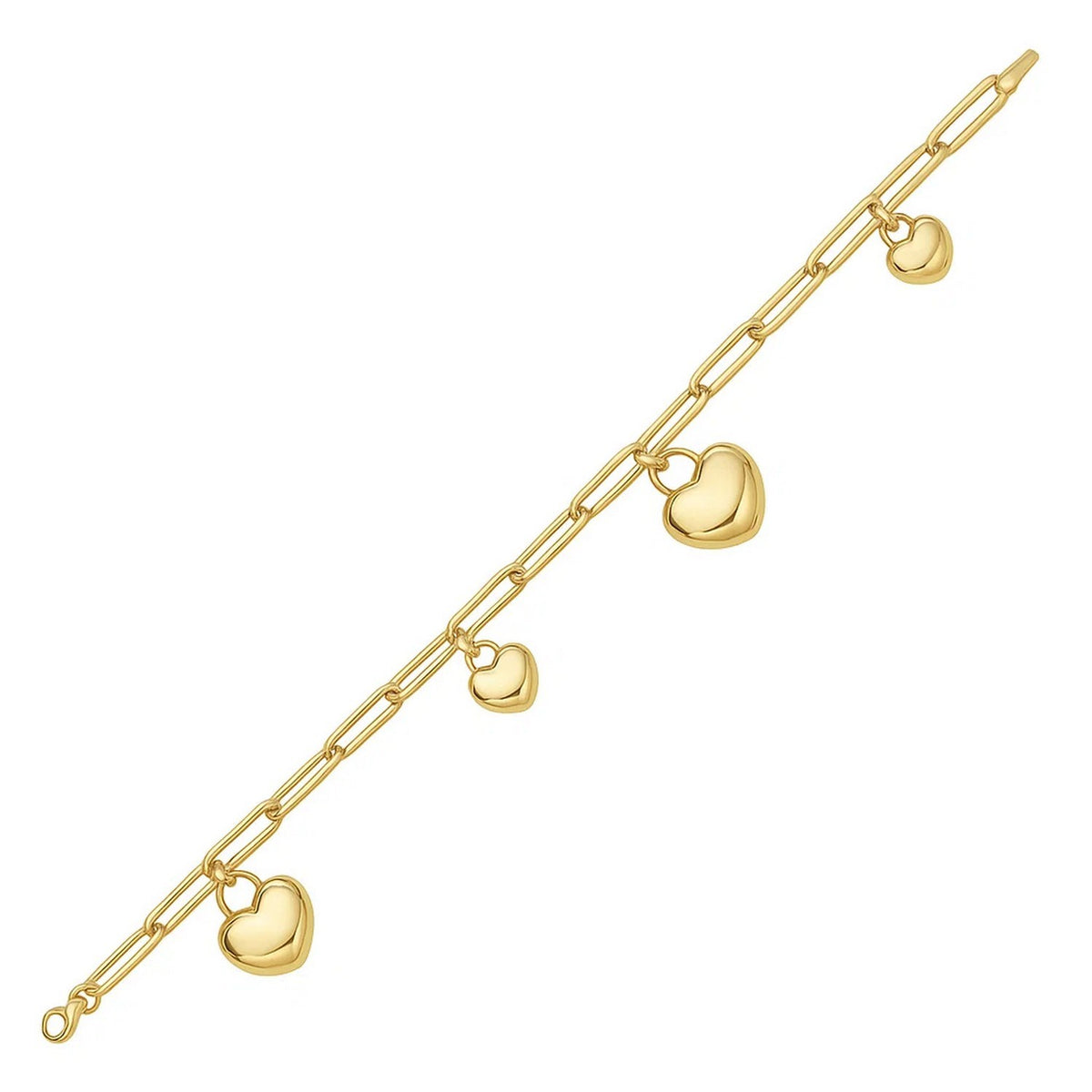 14K Yellow Gold Puffed Heart Charm Bracelet, view 4