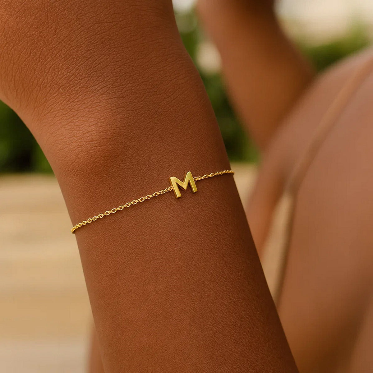 14K Yellow Gold Mini Initial M Bracelet, view 5