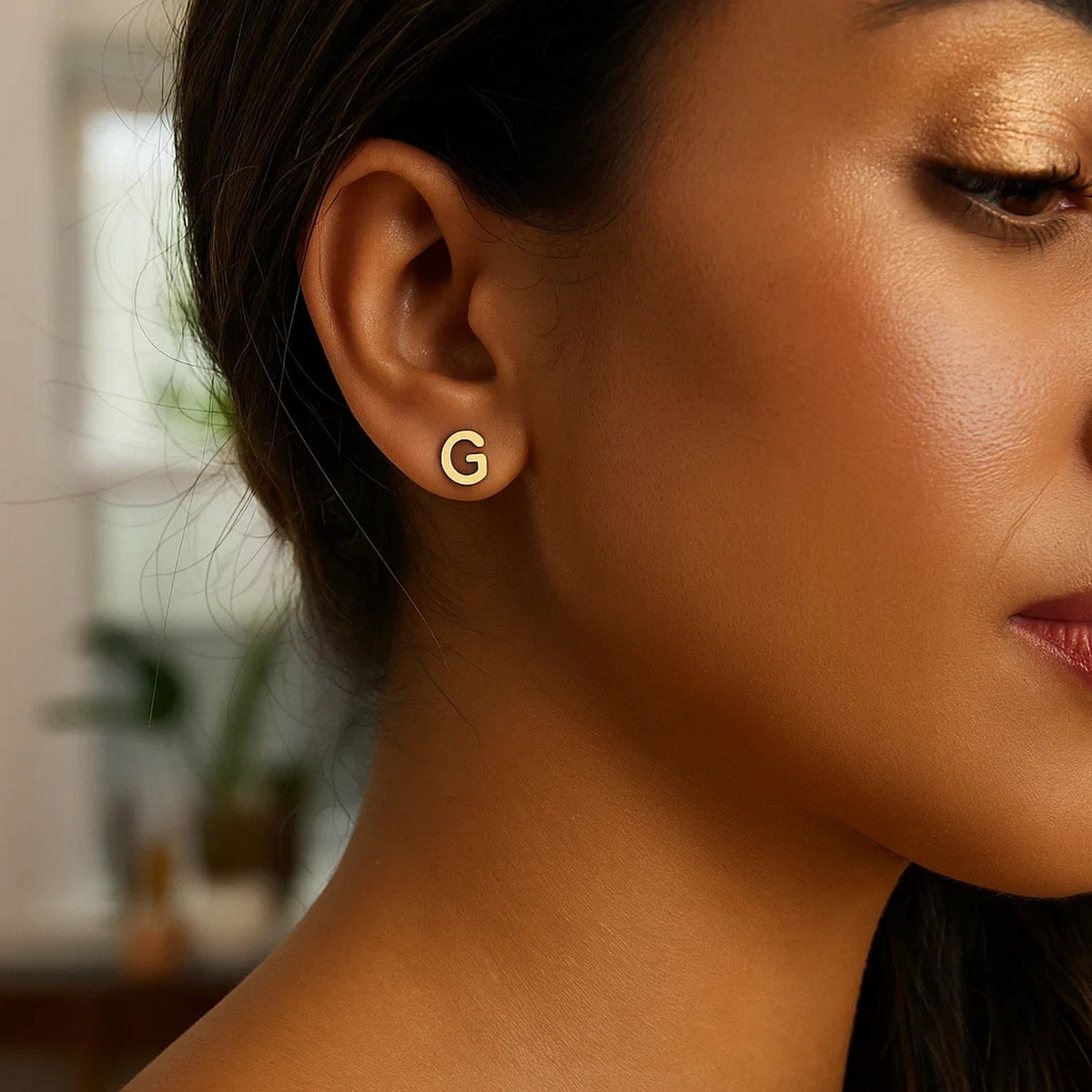 14K Yellow Gold Yours Truly Initial G Stud Earrings, view 2